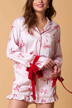 Christmas Fashion Printed Bow Tie Top and Elastic Waist Ruffle Shorts Set
