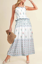 White Floral Print Frill Smocked Bodice Boho Dress