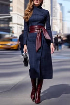 Tie-waisted elegant long woolen dress