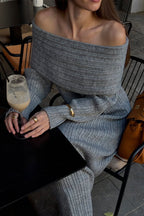 Solid Elegant Minimalist Off Shoulder Bodycon Knit Maxi Dress