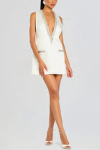 Elegant Demeanor Satin Gemstone Trim Deep V-Neck Tank H-line Mini Dress