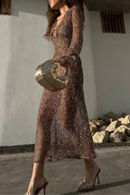 Sequined V-Neck Flared Sleeve Bodycon Maxi Dress