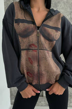 Bad Girl Style Nude Print Zipped Hoodie