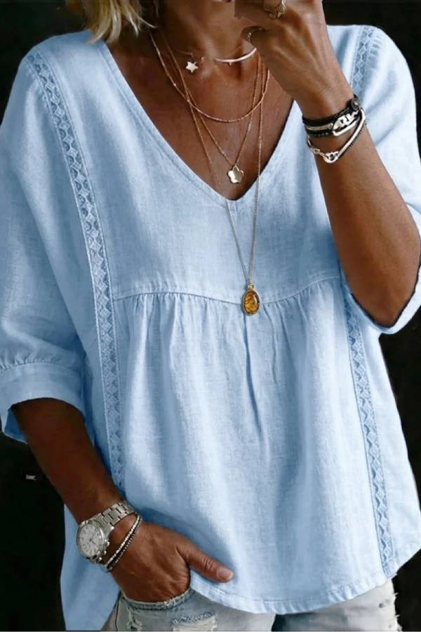V-Neck Lace Trim Linen Blend Babydoll Blouse