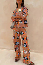 Mediterranean Art Knit Unique Sun Vortex Print Elastic Waist Wide Leg Pants