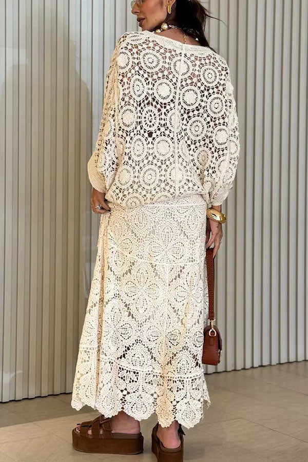 Anina Knit Crochet Cutout High Rise Elastic Waist Maxi Skirt