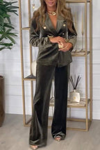 Guest of Honor Velvet Metal Button Lapel Blazer and Elastic Waist Pocketed Loose Pants Set