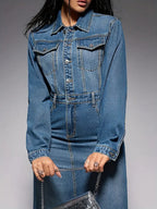 Zola Statement Long Sleeved Denim Maxi Dress Chic Silhouette Collection