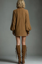 Stylish Suede High-Neck Long-Sleeved Casual Pocket Mini Dress