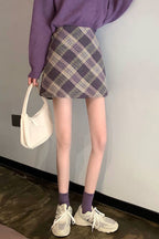 Wool Plaid High Waist A-Line Skirt