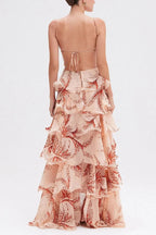 Ariae Butterfly Print Multi-layered Ruffles Backless Tie-up Maxi Dress