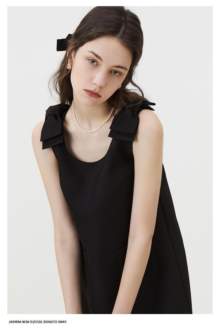Black Sleeveless Bow Detail A-Line Mini Dress