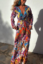 Colorful Day Unique Print Bell Sleeve Cutout Waist Layered Maxi Dress