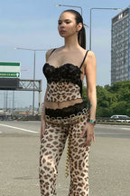 Leopard Print Lace Cami Crop Low Waist Pants Two Piece Set