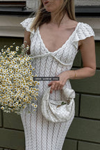 French Ruffle V Neck Knit Pastoral Maxi Dress
