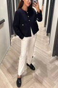 Round Neck Slim Fit Colorblock Women's Button Jacket
