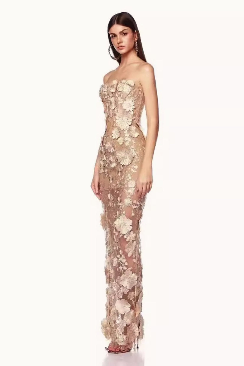 Elegant Strapless 3D Floral Embroidery Floral Dress