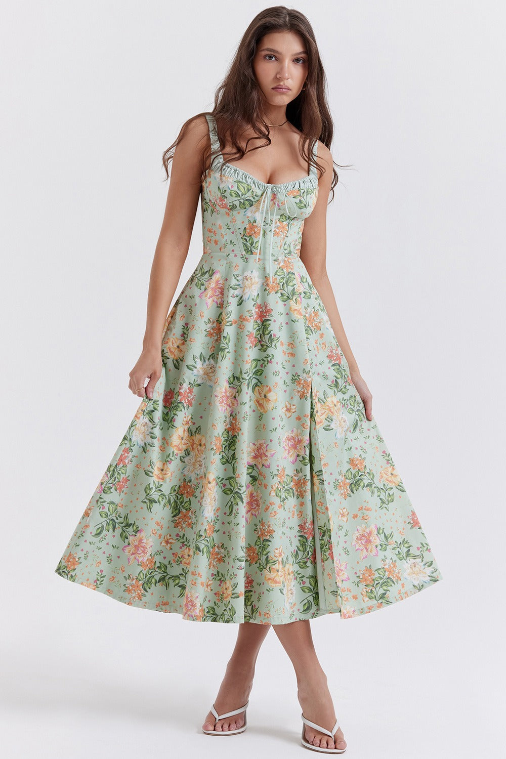 Strap Slit Fit Flare Floral Dress