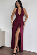Deep V Backless Halter Ruched Formal Dress