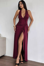 Deep V Backless Halter Ruched Formal Dress
