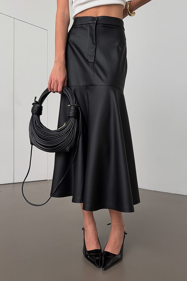 Vintage High-Waist A-Line Midi PU Leather Skirt