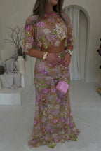 Fashionable Embroidered Flower Sequined Crop Top and Elegant Sheer Maxi Skirt Set
