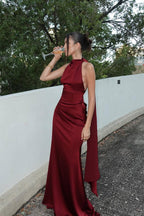 Halter Satin Elegant Solid Color Prom Dress
