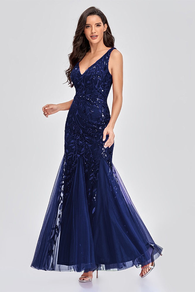 V Neck Sheer Embroidered Sequin Sexy Prom Dress