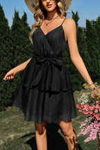 Casual solid color V-neck tie-waist suspender dress