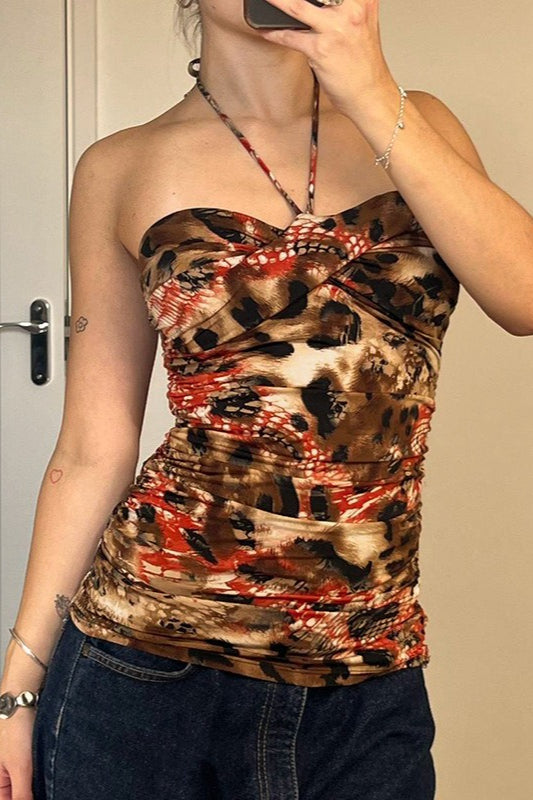 Backless Strappy Print Blouse