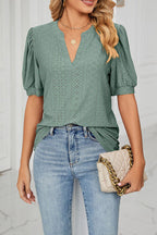Casual v-neck solid color hollow puff sleeve loose t-shirt top women