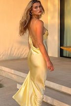 Elegant Draped Neck Cami Backless Slim Formal Dress