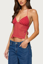 Polka Dot Backless Halter Slim Blouse