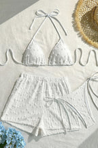 Solid Halter Lace Up Three Piece Swim Set