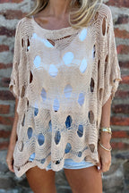 Solid Color Loose-fitting Openwork Casual Knit Top