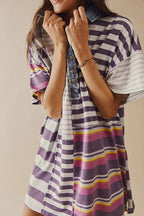 Contrast Striped Patchwork Denim Lapel Loose Casual Mini Dress