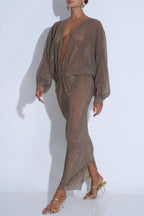 Modern Elegance Sequin Sheer Long Relaxed Sleeve Ruched Drape Maxi Dress