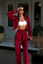 Athletic Velvet Collar Zipper Long Sleeve Two Piece Set