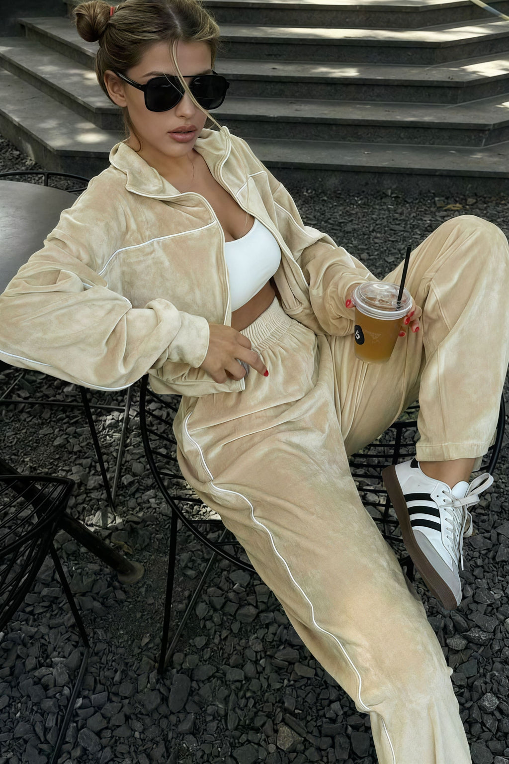 Athletic Velvet Collar Zipper Long Sleeve Two Piece Set
