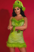 Fairy Mrs Claus Faux Fur Ruched Halter Velvet Christmas Party Mini Dress - Green