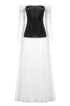 Fairy Off Shoulder Black and White Faux Leather Tulle Evening Maxi Dress - White