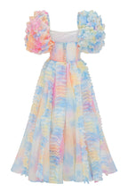 Fairy Square Neck Tiered Ruffle Rainbow Floral Organza Gown Maxi Dress - Blue