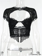 Fairycore Grunge Lace Backless Hollow Out Short Sleeve T-Shirts