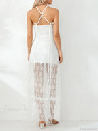 Fairycore Retro White Lace Backless Halter Tube Floral Dress