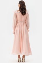 Fairytale Feather Trim Off Shoulder Pleated Chiffon Evening Maxi Dress - Pink