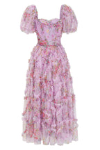 Fairytale Floral Tulle Puff Sleeve Bow Tie Layered Ruffle Maxi Gown Dress - Purple
