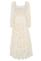 Fairytale Sweetheart Belted Dotted Tulle Layered Ruffle Maxi Gown Dress - Beige