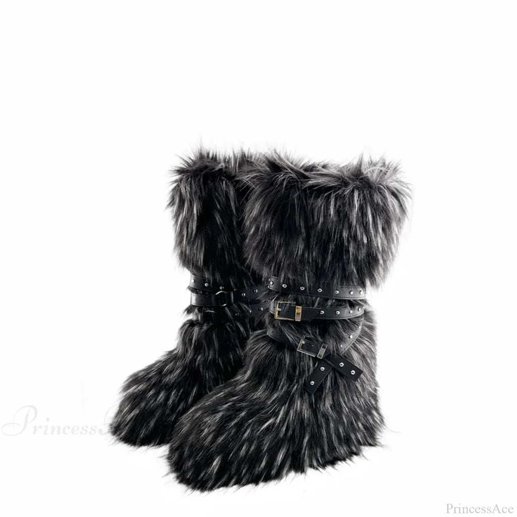False Hair Wedge Platform Brown Gothic Winter Knee Boot