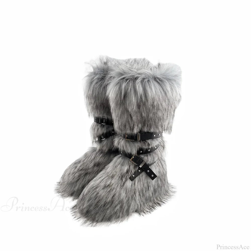 False Hair Wedge Platform Brown Gothic Winter Knee Boot
