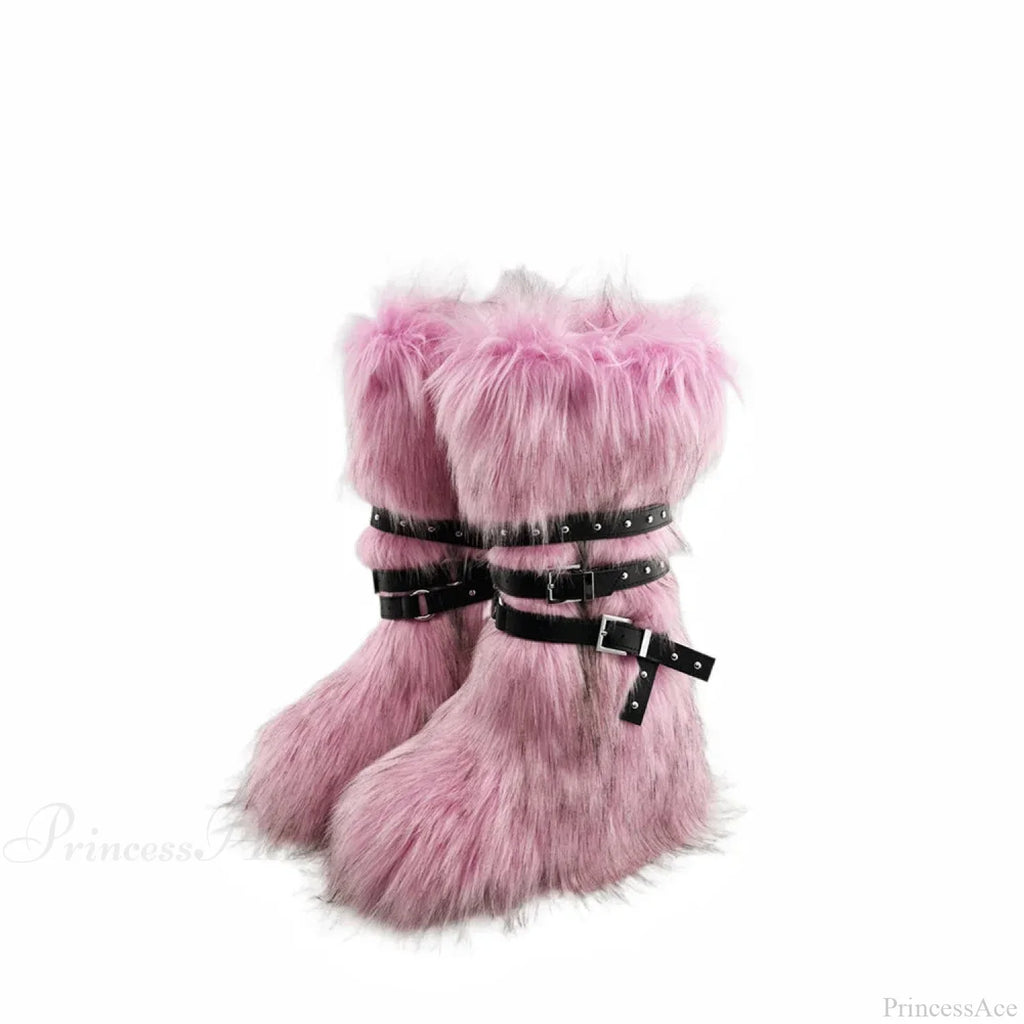 False Hair Wedge Platform Brown Gothic Winter Knee Boot